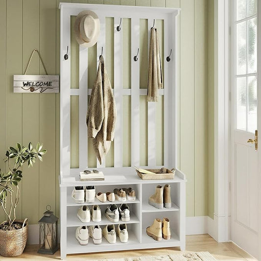 VASAGLE Hall Tree with Bench and Shoe Storage, Coat Rack with Shoe Bench, 7 Double Hooks for Jackets, Hats, Entryway, Bedroom, Living Room, 13.8 x 31.9 x 70.9 Inches, Matte White UHSR414WB01S