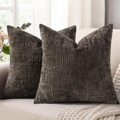 decorUhome Dark Brown Chenille Throw Pillow Covers 20x20 Set of 2 Thick Textured Slubby Couch Pillow Covers Farmhouse Accent Modern Neutral Decorative Pillow Cases for Bed Sofa Living Room