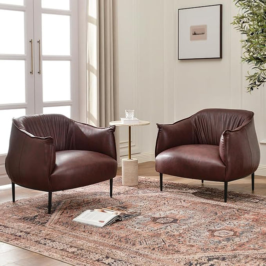 KINWELL 33" W Faux Leather Barrel Chairs Set of 2 with Hand-Tufted Pleated Back Flared Arms, Modern PU Upholstered Accent Chairs with Metal Legs, Large Armchairs Lounge Chairs for Living Room, Red