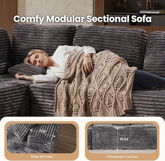 Cloud Sectional Couch with Chaise, Boneless U-Shaped Cloud Couch with Deep Seat, Soft Plush Modern Minimalist Sofa, Assembly Free Modular Floor Sofa for Office Living Room Apartment, Grey