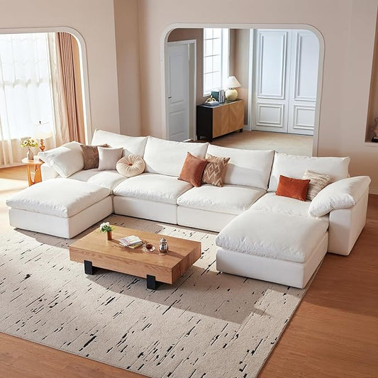 Modular Cloud Sofa, 141.7" Cloud Sectional Couches with Deep Seat, U-Shape 4-Seat Couch with Ottoman for Living Room, Modern Comfy Couch with Washable Cover, Wide Armrest (White,2 Ottomans)