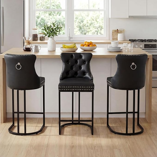 Counter Height Bar Stools Set of 3 for Kitchen Island, Modern Bar Stools with Backs, 26 Inch Barstools with Upholstered Faux Leather Seat and Metal Frame, Black
