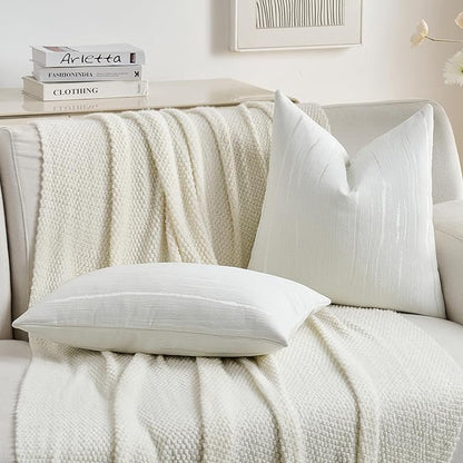 FUTEI White Chenille Decorative Throw Pillow Covers 12x20 Inch Set of 2,Soft Embossed Striped Textured Lumbar Pillow Cases,Modern Home Decor for Couch Bed Living Room