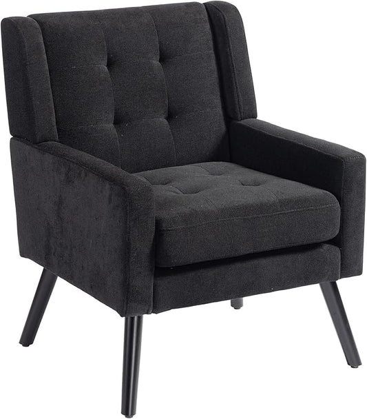 Mid-Century Modern Accent Chair, Plush Linen Fabric with Button Tufted High Back & 5" Thick Cushion, High Comfort Reading Chair for Living Room, Bedroom, Office (Black)