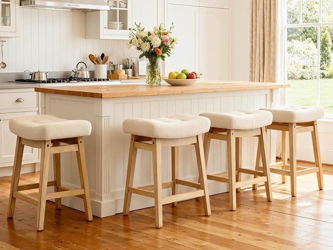 Counter Height Bar Stools Set of 3 for Kitchen Counter Farmhouse Modern Barstools with Upholstered Fabric Backless Seat and Solid Wood Legs 24 inch Bar Chairs, Khaki + Wood Color