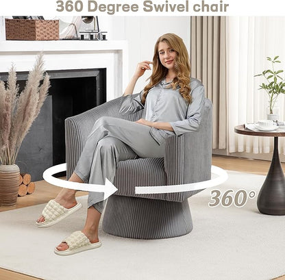 Swivel Accent Chair Set of 2, Modern 360° Swivel Barrel Chair, Corduroy Upholstered Single Sofa for Living Room, Bedroom(Gray)