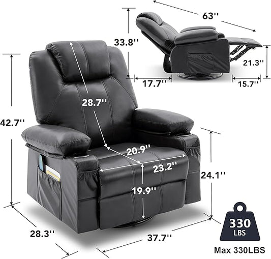 Oversized Swivel Rocker Recliner Sofa Chair with Heat and Massage, 360 Degree Swivel Single Sofa with Cup Holders and USB Port, Big Recliner Sofa Chair for Living Room(Leather, Smoky Black)