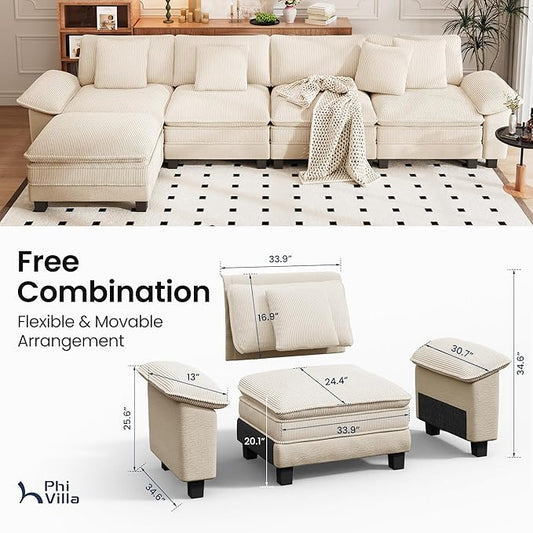 PHI VILLA Cloud Modular Couch Sets, 157.5" Sectional Sofa with L-Shaped Chaise Ottoman, 5-Seater Couches with Upholstered Deep Seat for Living Room Chenille Corduroy Dual Fabric, Beige