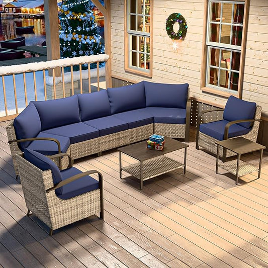 COOS BAY Aurora Terrace Half-Moon Outdoor Furniture Set, Rattan Conversation Set with Patio Chairs, Curved 5-Seat Sofa, Coffee Table & Side Table, Seats 7, Beige/Blue