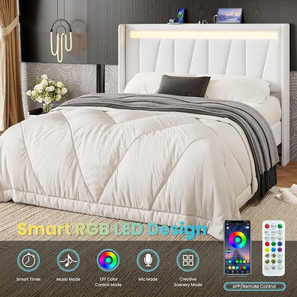 SHA CERLIN Full Size Bed Frame with Charging Station and LED Lights, Modern Velvet Platform Bed with Upholstered Geometric Wingback Headboard, No Box Spring Needed, Easy Assembly, White