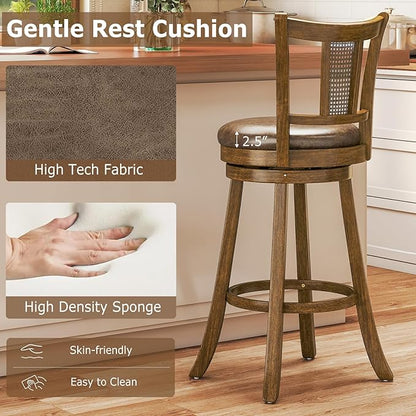 COSTWAY Barstools Set of 4, 30” Solid Rubber Wood Swivel Bar Chairs with Faux Leather Seat, Curved PE Rattan Back, for Living Room & Kitchen Island, Brown (4, 30” Seat Height)