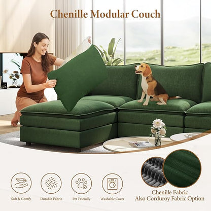 Vesgantti 142" U Shaped Sectional Couch, Comfy Cloud Modular Sectional Sofa with 2 Ottoman Deep Seat Chenille Modern Cloud Sofa, Modular Sofas for Living Room, Bedroom and Apartment, Green