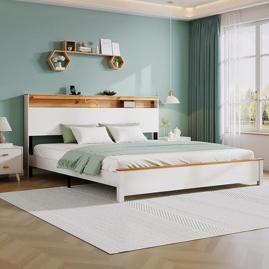 Queen Bed Frame, Wood Platform Bed Frame with Storage Headboard, Charging Station, Modern Bedframe Queen Size, 800lbs Capacity, Metal Slat Support, Noise-Free, No Box Spring Needed, White