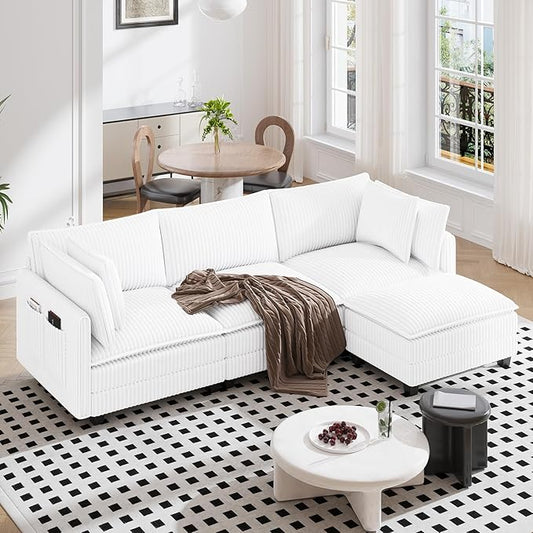 Vesgantti 109" L Shaped Cloud Sectional Couch, Comfy Corduroy Upholstered Modular Couches for Living Room, Modern Modular Sectional Sofa with Ottoman Deep Seat, Warm White