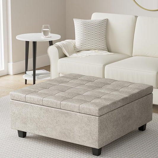 SIMPLIHOME Harrison 36 inch Wide Transitional Square Coffee Table Storage Ottoman in Distressed Grey Taupe Vegan Faux Leather, Assembled, For the Living Room and Bedroom