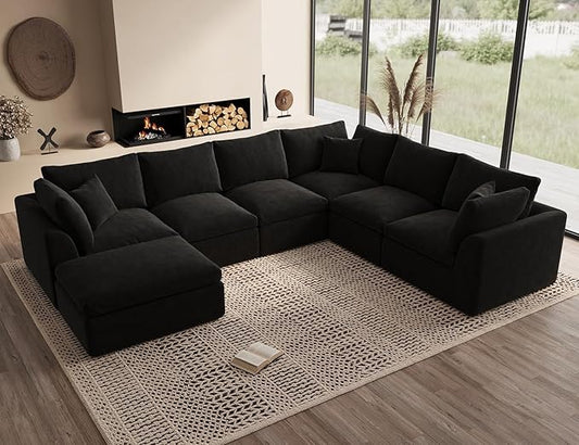Oversized Sectional Couches for Living Room, Cloud Boneless Couch, 7 Seater Large Modular Sectional Sofa, Black