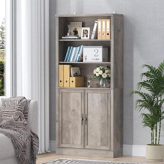 72'' Tall Bookcase with Doors, Adjustable Shelves, P2 MDF Construction, 32'' Wide Freestanding Cabinet with Metal Handles, Hidden Storage for Living Room, Bedroom, Grey