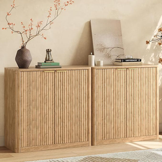 Evermagin 63" Oak Buffet Cabinet with Storage, Large Sideboard Cabinet, Boho Accent Credenza, Fluted Console Table with Doors for Dining Room, Kitchen, and Living Room