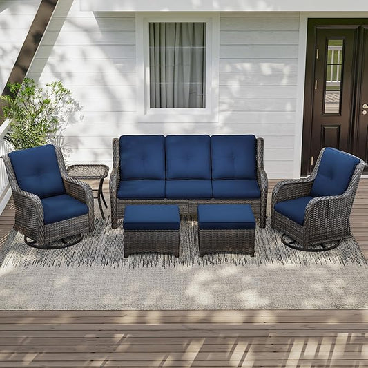 Wicker Patio Furniture Set 6 Piece, Outdoor Furniture Patio Conversation Set Includes 1 Three-Seat Sofa, 2 Swivel Rocker Chairs, 2 Ottomans and 1 Side Table,Blue