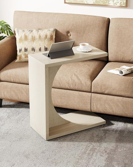 Tribesigns C-Shaped End Table for Couch, Sofa Side Table, C Table for Small Space, Living Room, Bedroom (1, Beige)