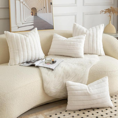Pack of 2 Faux Fur Throw Pillow Covers 22x22 Inch Striped Decorative Soft Plush Couch Pillow Case Home Decor for Bed, Sofa, Living Room Cream White