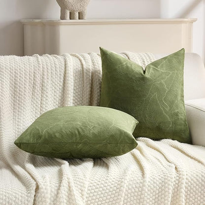FUTEI Moss Green Velvet Throw Pillow Covers 20x20 Inch Set of 2,Soft Embossed Leaf-Relief Textured Cushion Cases,Natural Home Decor for Couch Living Room