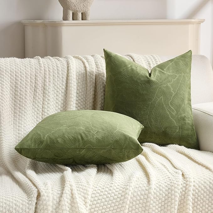 FUTEI Moss Green Velvet Throw Pillow Covers 18x18 Inch Set of 2,Soft Embossed Leaf-Relief Textured Cushion Cases,Natural Home Decor for Couch Living Room