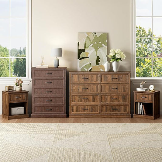 CARPETNAL Farmhouse Dresser and Nightstand Sets for Bedroom, 4 Pcs Bedroom Set, 5 Drawer & 8 Drawer Dresser and Nightstand Set of 2, Wood Chest of Drawers for Living Room, Entryway, Brown