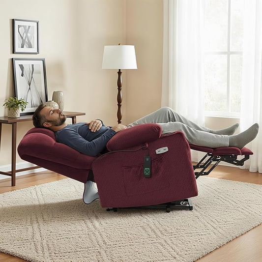 MCombo Dual Motor Power Lift Recliner Chair with Massage and Heat for Elderly People, Infinite Position, USB Ports, Cup Holders, Fabric 7679 (Medium, Burgundy)
