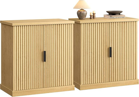 VASAGLE MAXE Collection - Buffet Cabinet Set of 2, Fluted Console Cabinet, Sideboard with Adjustable Shelf, Mid Century Modern Buffet Table, 15.8 x 29.9 x 31.5 Inches, Oak Beige UZH2505001