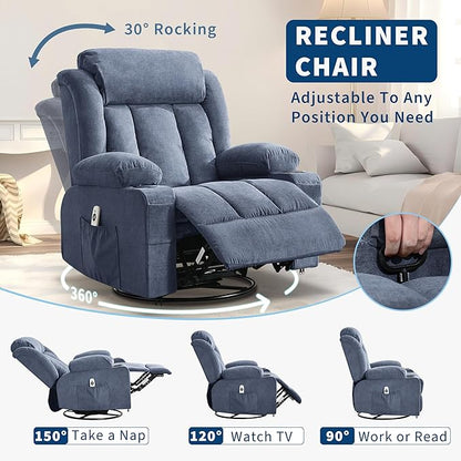 Rocking Recliner Chair with Heat and Massage, Nursery Recliner 360° Swivel Oversized Chairs for Adults, Lazy Boy Single Sofa Seat with 3 Positions, 2 Side Pockets, Cup Holders, and USB Ports, Blue