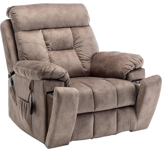 Oversized Lift Recliner Chairs for Elderly, 26in Extra Wide Power Chair with Massaga and Heating, Large Electric Lay Flat Recliners Sofa for Big and Tall Adult Lounging, Velvet Light Brown