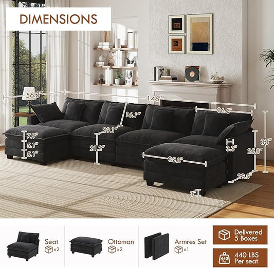 WorthFurni 146” Oversized Modular Sectional Sofa, U Shaped Cloud Couch Set, 4-Seater Comfy Chenille Couches with 2 Movable Ottomans, DIY Combination for Living Room (Black)