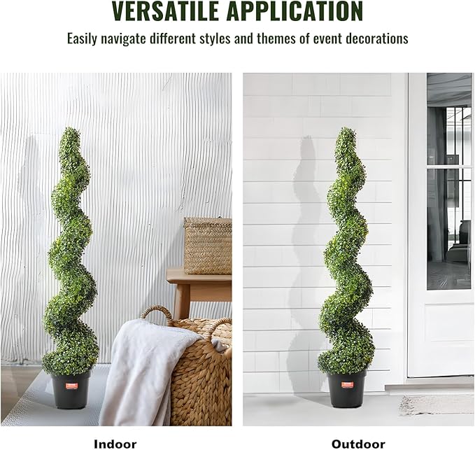 VEVOR Artificial Boxwood Topiary Tree, 60 inch Tall (2 Pieces), Spiral Faux Topiary Trees, Faux Plant w/Extra Leaves & Pot & Small Decoration, UV Rated Greenery Set for Home Decor Indoor/Outdoor