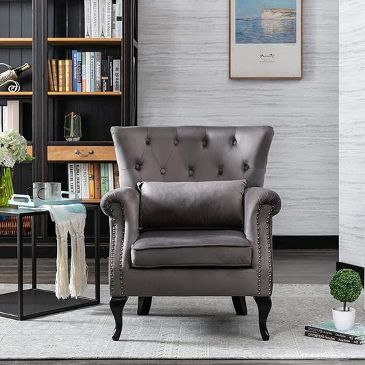 Accent Reading Arm Chairs Set of 2 for Living Room Bedroom, Midcentury Modern Comfy Corner Sofa Chair, Wingback Waiting Room Club Chair with Button Tufted Back &Lumbar Pillow, Velvet Grey
