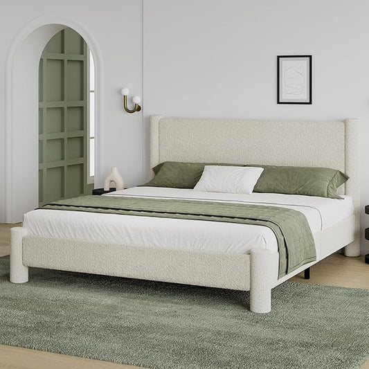 King Size Bed Frame, Boucle Bed Frame with Headborad, Soft Upholstered Platform Bed Frame with Rounded Corners, No Box Spring Required, Easy Assembly, Cream