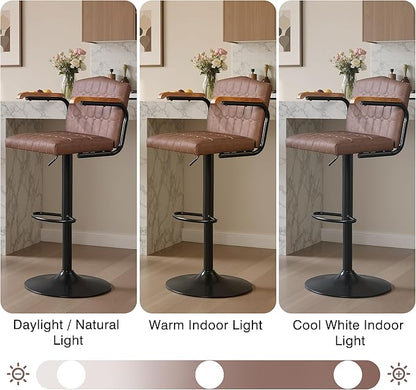 VECELO Bar Stools Set of 2, Adjustable Upholstered Swivel Barstools, Modern Counter Height Bar Stools with Back and Footrest, Island Chairs for Kitchen, Dining Room, Bar