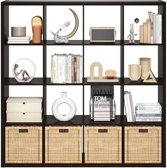 Furinno Cubicle Book Shelf, 16-Cube Thick Frame Bookshelf, Reversible Bookcase with Open Back, 14.6 x 57.8 x 58, for Living Room, Bedroom, Home Office, Black Dark Oak
