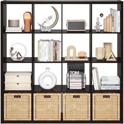 Furinno Cubicle Book Shelf, 16-Cube Thick Frame Bookshelf, Reversible Bookcase with Open Back, 14.6 x 57.8 x 58, for Living Room, Bedroom, Home Office, Black Dark Oak