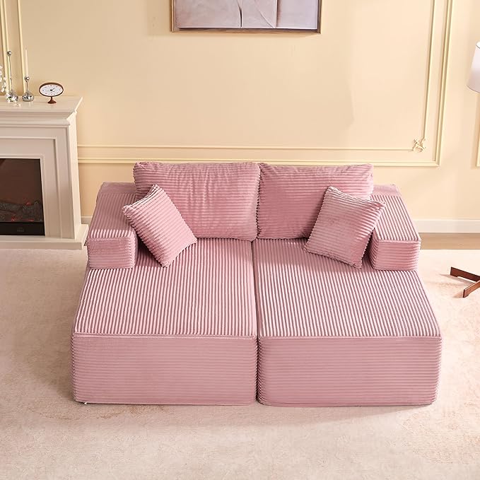 Chaise Lounge Chair, Boneless Couch for Living Room and Bedroom, Sleeper Couches Reading Chairs, Corduroy, Pink