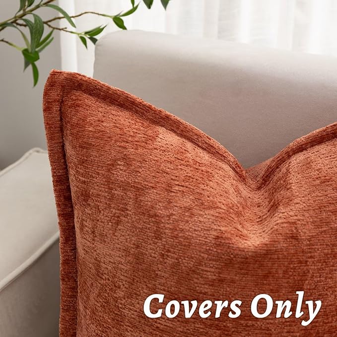 Burnt Orange Fall Decorative Throw Pillow Covers 26x26 Inch Set of 2 Cozy Soild Chenille Cushion Cases Soft Textured Square Couch Pillows Cover Boho Accent Farmhouse Pillowcases for Bed