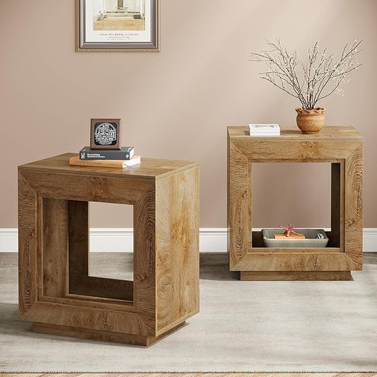 Tribesigns Rustic Wood End Table, 2 Tiered Square Side Table with Storage Shelf, Industrial Sofa Side Table for Living Room, Entrance (2, Natural)