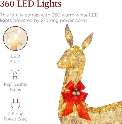 Best Choice Products 3-Piece Large Lighted Christmas Deer Family Set 5Ft Outdoor Yard Decoration with 360 LED Lights, Stakes, Zip Ties - Gold