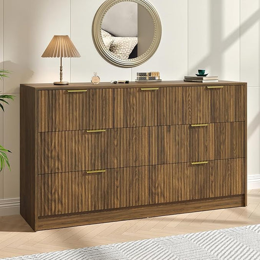 Walnut Fluted 7 Drawer Dresser Bedroom,55” Wide Mid Century Wood Dresser with Gold Handles, Chest of Drawer Wooden TV Stand for Closet,Bedroom,Living Room,Walnut