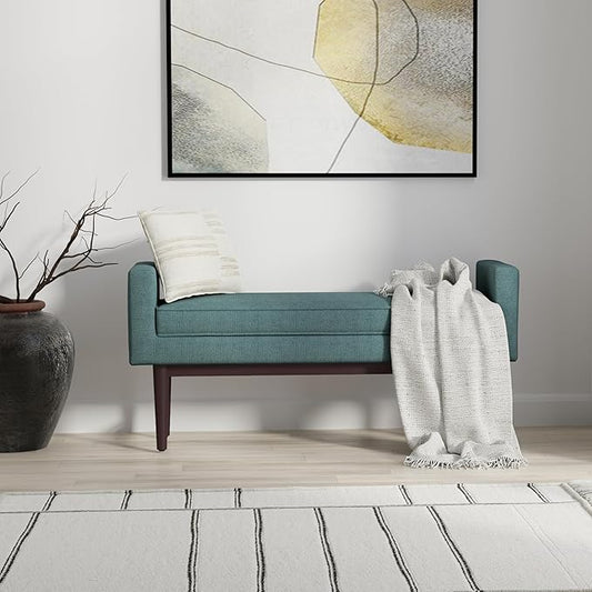 SIMPLIHOME Scott 46 inch Wide Contemporary Rectangle Ottoman Bench in Smoky Teal Linen Fabric , Assembled, For the Living Room and Bedroom
