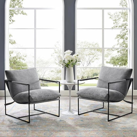 Furnilivng Large Sling Accent Chair Set of 2, Comfortable Boucle Fabric Arm Chair, Upholstered Cozy Reading Chair for Living Room, Bedroom, Dressing Room, Home Office, Grey