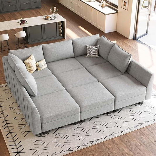 Belffin Large Modular Sectional Sofa Sleeper Sectional Couch with Storage Chenille Sectional Sofa Bed for Living Room, 9 Seats, Light Grey