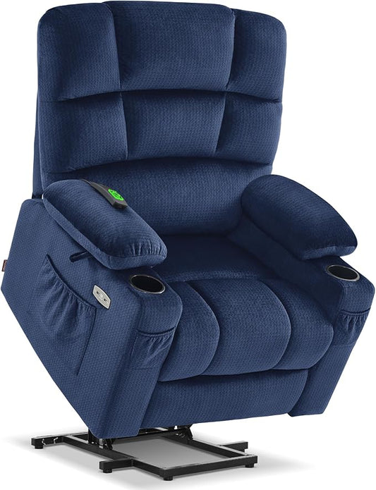 MCombo Dual Motor Power Lift Recliner Chair with Massage and Heat for Elderly People, Infinite Position, USB Ports, Cup Holders, Fabric 7679 (Medium, Navy Blue)