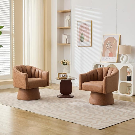 Swivel Accent Chair Set of 2,Faux Leather 360°Swivel Barrel Chair Upholstered Modern Living Room Chair, Overstuffed Reading Armchair for Bedroom,Vanity,Office-Brown