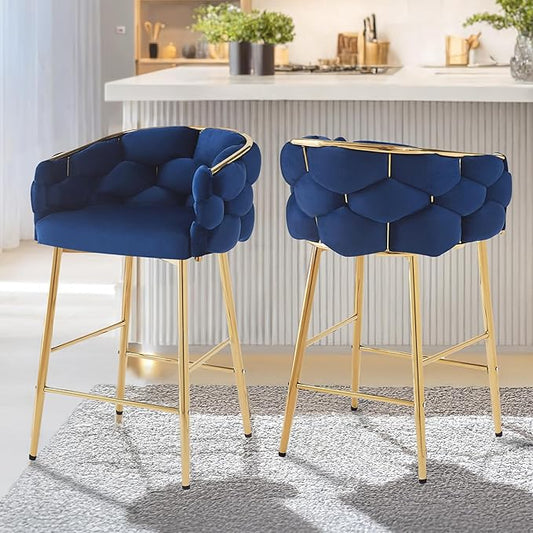 Christopher Knight Home Barrel Counter Stools,Velvet Counter Height Barstools, Modern Luxury Makeup Stool Upholstered Chairs with Gold Legs(Set of 2),Blue